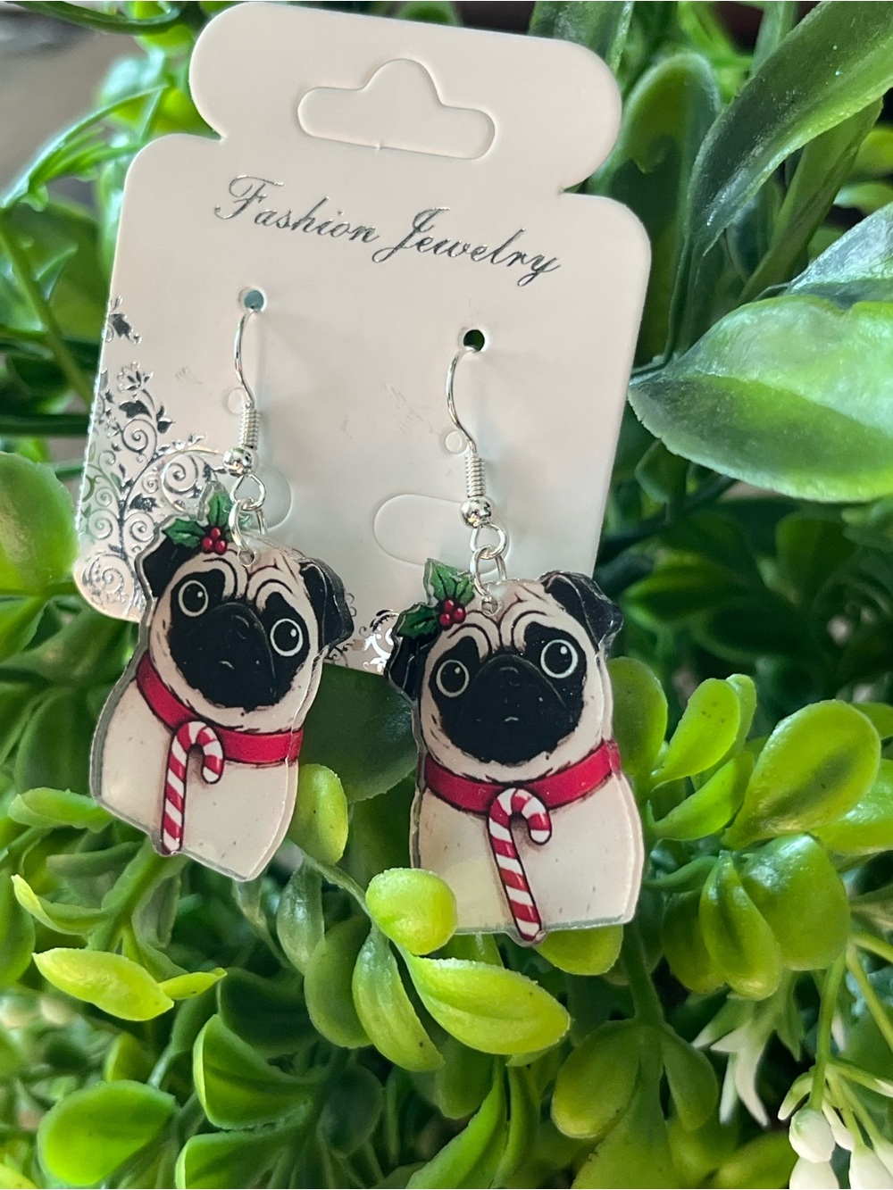 Pug Holiday Dog Earrings w/Paw Print Bag πΎππΎ Festive Design - Picture 8 of 9